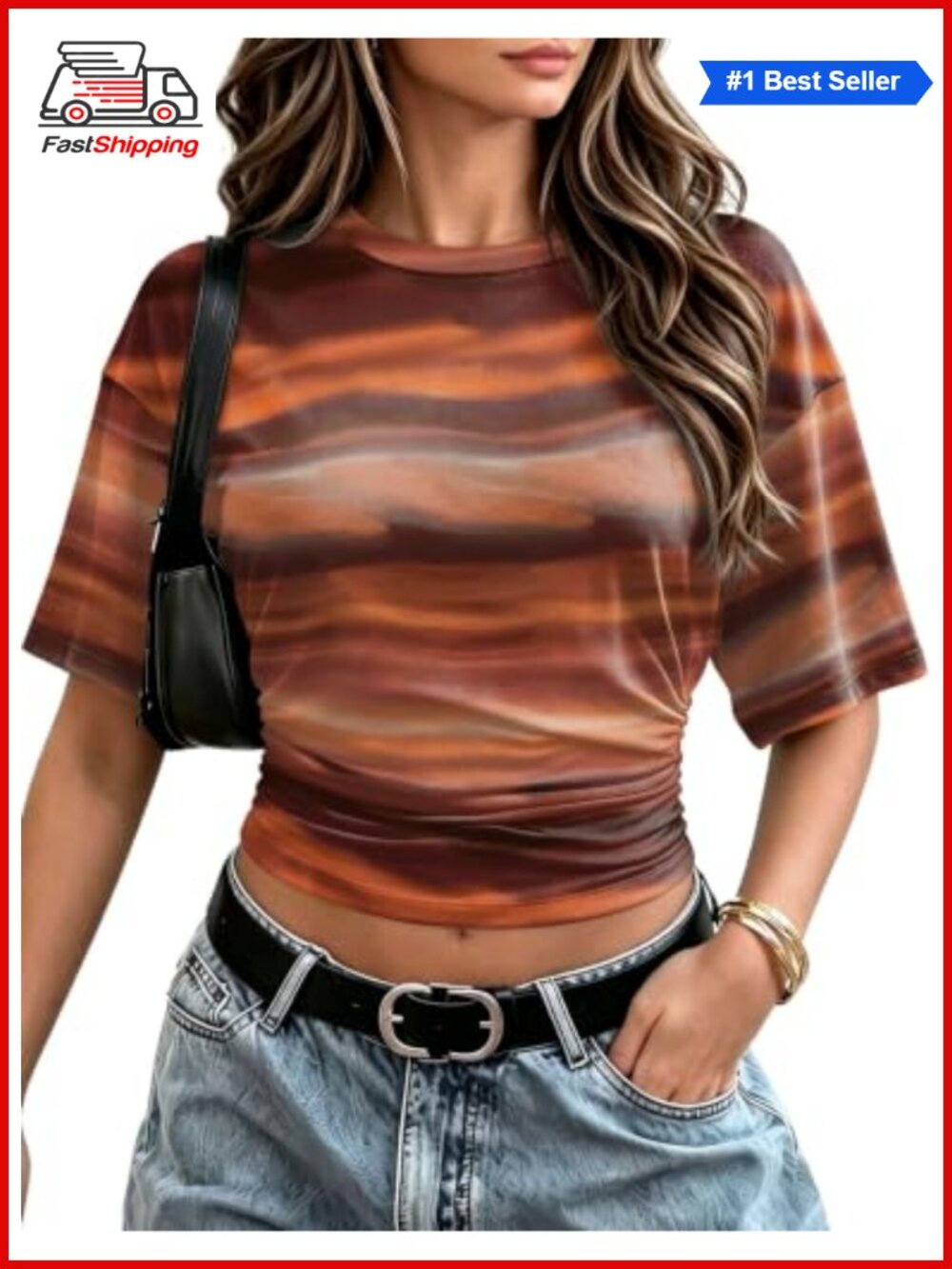 Sampeel Crop Top Batwing Short Sleeve Ruched Waist Fitted Tee Summer